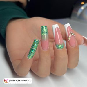 Green And Glitter Nails