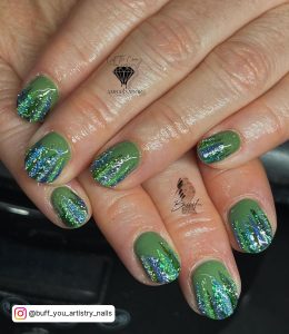 Green And White Glitter Nails