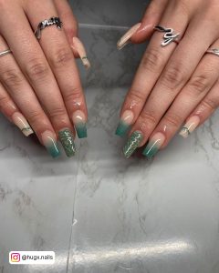 Green French Tip Nails Coffin