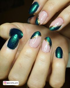 Green Nails Gold Glitter