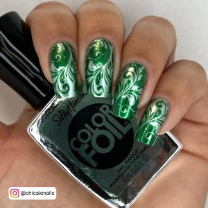Green Nails With Flowers