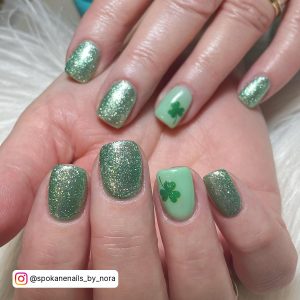 Green Nails With Gold Glitter