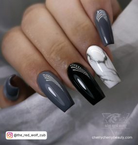 Grey And Black Nails With Glitter With Marble Effect