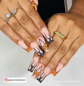 Halloween Black And Orange Nails In Coffin Shape