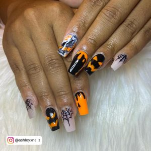 Halloween Orange And Black Coffin Nails