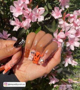 Halloween Orange And Black Coffin Nails With Webs