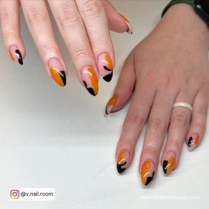 Halloween Orange And Black Nails In Almond Shape
