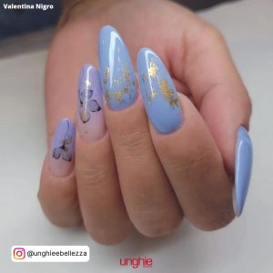 Light Blue Almond Nails With Butterflies