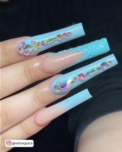 Light Blue Coffin Nails With Rhinestones