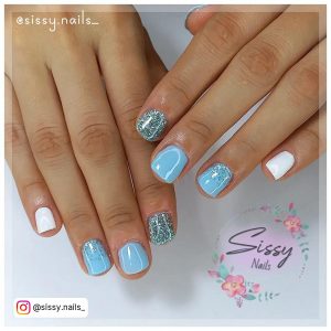 Light Blue Nail Ideas With Glitter And White Combination