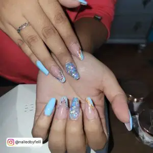 Light Blue Nails Coffin With Glitter