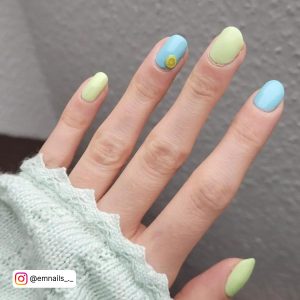 Light Blue Short Acrylic Nails With Green Combination
