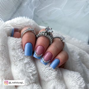 Light Blue Tips Nails With Diamonds