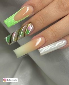 Light Green Nails With Flowers