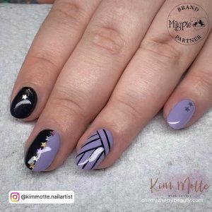 Light Purple And Black Nails With Symetrical Design