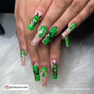 Lime Green And Black Nail Designs With Nude Base Coat