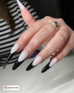 Long Black Almond Nails With French Tip Design
