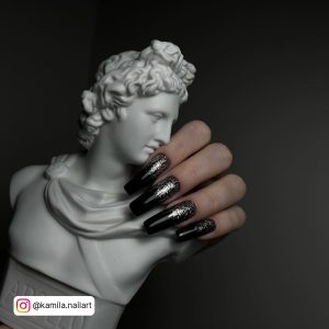 Long Black And Silver Nails With Ombre