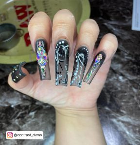 Long Black Coffin Acrylic Nails With Design