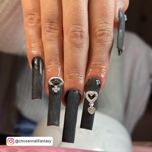 Long Black Coffin Nail Designs With Embellishments