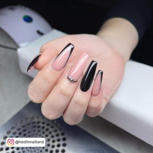 Long Black Coffin Nails With Nude Base Coat