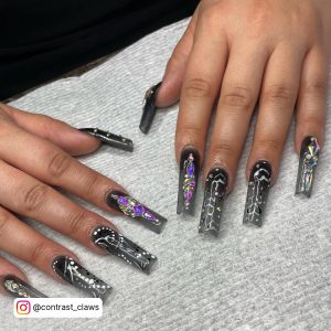 Long Black Halloween Nails With Unique Design
