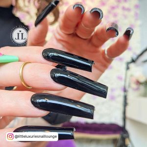 Long Black Square Nails In Coffin Shape