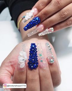 Long Blue Nails With Diamonds