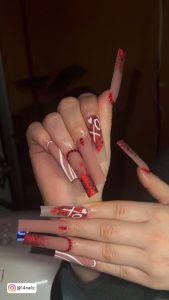 Long Red Nails With Rhinestones
