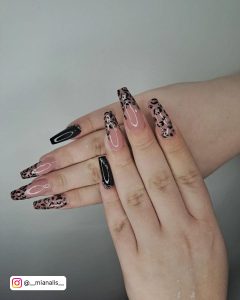 Long Square Black Acrylic Nails With Cheetah Print