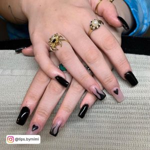 Long Square Black Acrylic Nails With Hearts And Flames