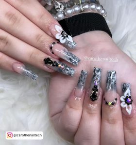 Marble Nails Black With Flowers