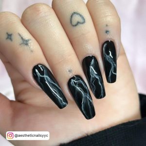 Marble Nails White And Black In Coffin Shape