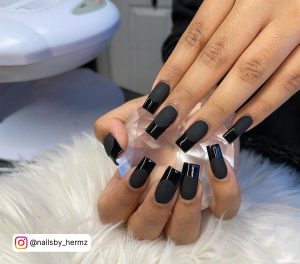 Matte Black Acrylic Nails Square With Glossy Tips