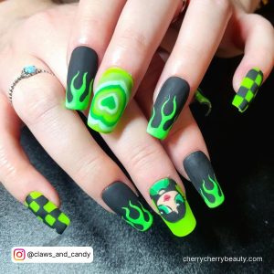 Matte Black And Green Nails With Hearts