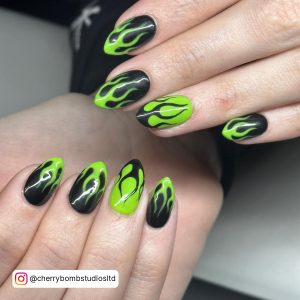 Matte Black And Neon Green Nails