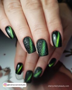 Matte Black And Neon Green Nails In Square Shape