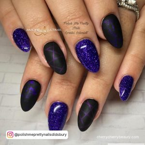 Matte Black And Purple Nails With Lines
