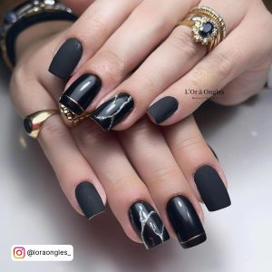 Matte Black Marble Nails In Square Shape