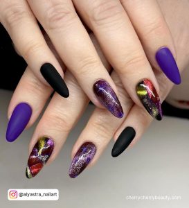 Matte Purple And Black Nails In Almond Shape