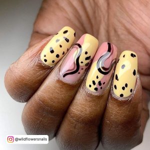 Nail Art Black And Yellow With Pink Combination