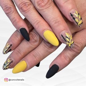 Nail Art Yellow And Black With Stems