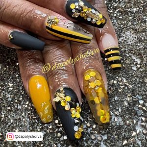 Nail Design Yellow And Blackwith Embellishments