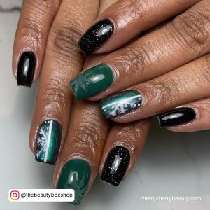Nail Designs Black And Green In Coffin Shape