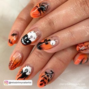 Nail Designs Black And Orange In Almond Shape
