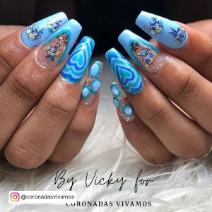 Nail Designs Light Blue With Hearts And Cartoons