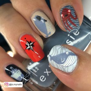 Nail Designs Red White And Blue With Marine Life