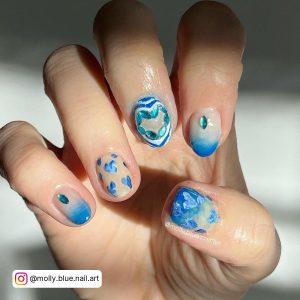 Nail Ideas Blue With Hearts And Ombre Effect