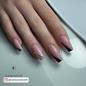 Nails Black And Nude With Diamonds