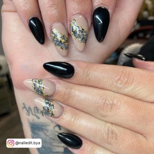 Nails Black And Nude With Silver And Gold Glitter